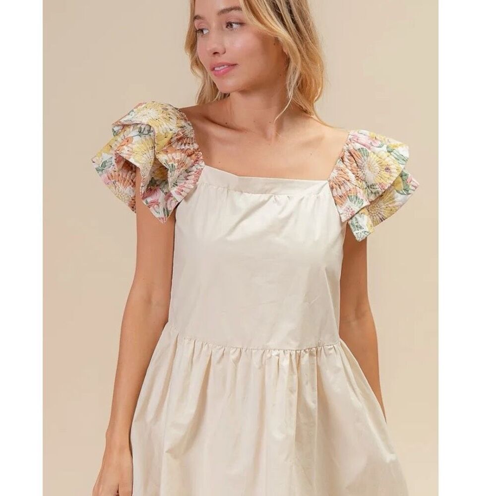 BiBi Floral Print Flutter Sleeve Babydoll Mini Dress Size XL NWT - Picture 6 of 14